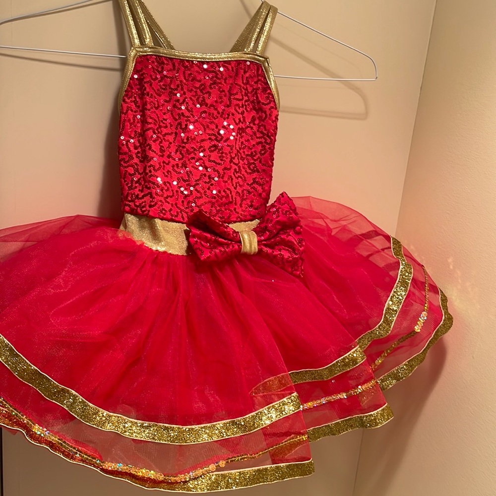 Girls XS Fancy Dress Pageant Dress Red and Gold, Sequin,Fits toddler